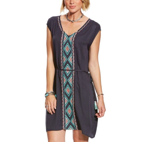 Ariat Dresses & Skirts - ARIAT Mirage Cap Sleeve V Neck Embroidered Boho Dress Pockets Tunic Southwest